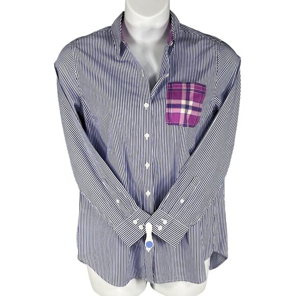 Vineyard Vines Womens 8 Relaxed Fit Purple Striped Button Up Shirt Plaid Pocket - Picture 4 of 15